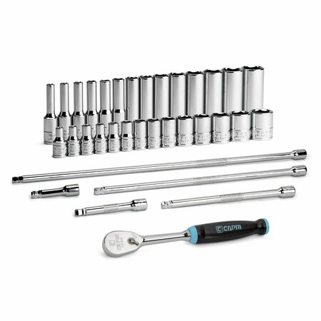 CAPRI TOOLS 1/4 in. Drive Master 6-Point Chrome Socket Set, 4 to 15 mm, with Extension and Ratchet, 34-Piece CP12110-34M-SET